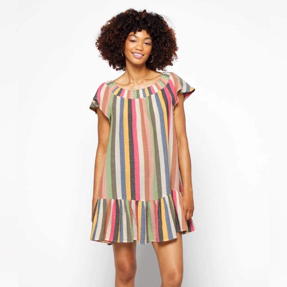 Marine Layer Shirley Stripe Off Shoulder Cotton Minidress in Bold Multi Med NWT